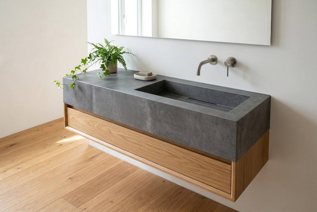 Waschtisch 100 cm mit anthrazitfarbenen Fliesen in Betonoptik und Eichenschublade