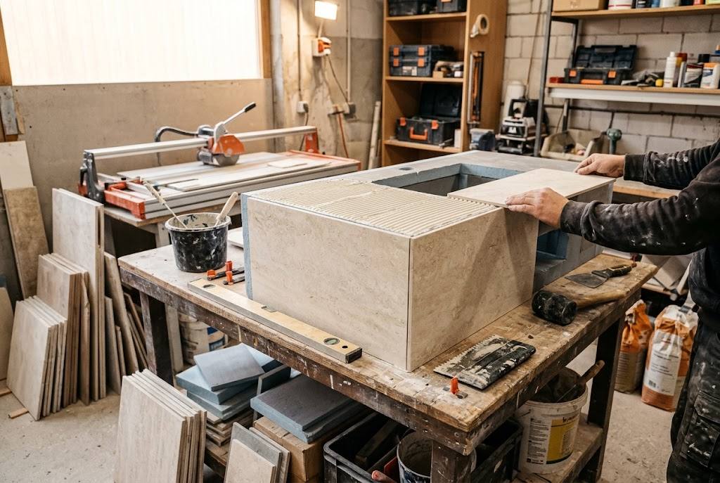 Fliesenleger belegt in der Werkstatt einen Waschtisch-Korpus mit großformatigen Fliesen
